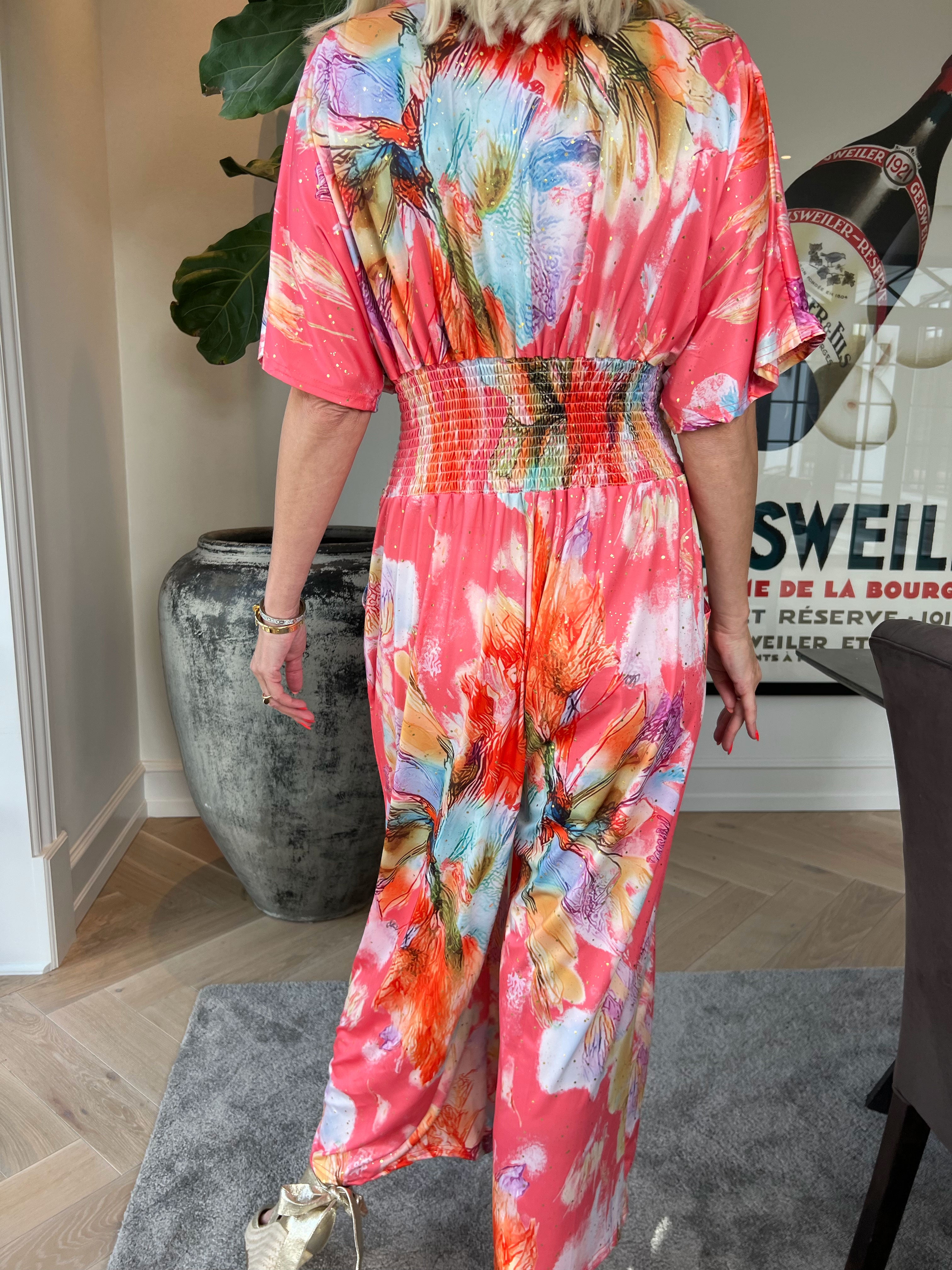 Pams Print Jumpsuit - Elastisk mønstret buksedragt med guld støv